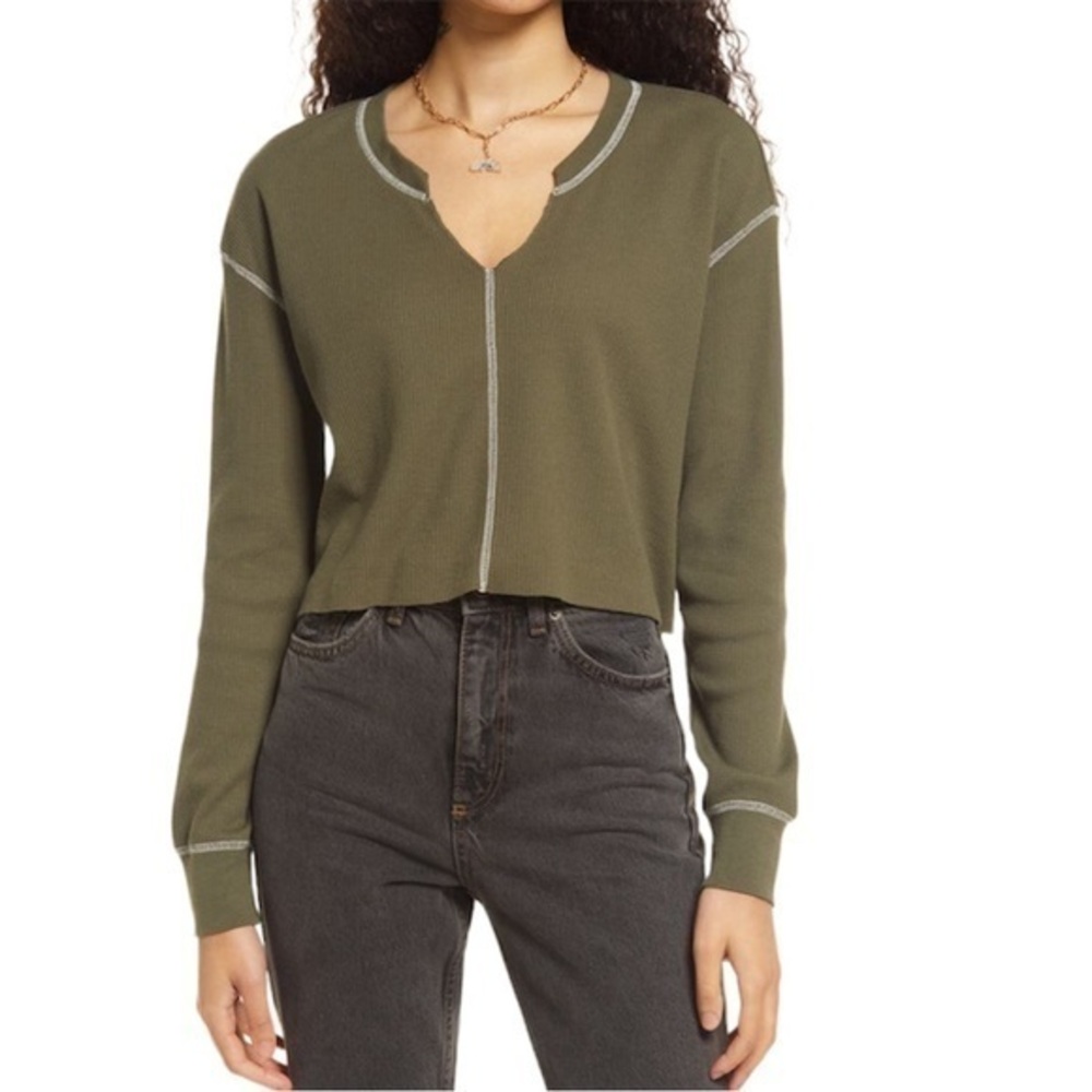 BP. Olive Split Neck Cropped Knit Thermal Top